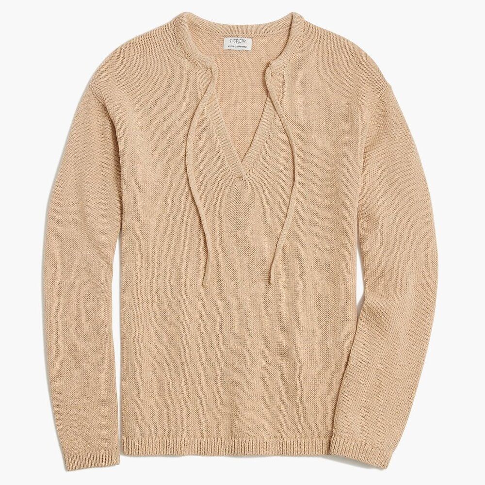 NEW J Crew M Cotton Linen Blend Tie Neck Sweater Light Khaki Beachy Preppy